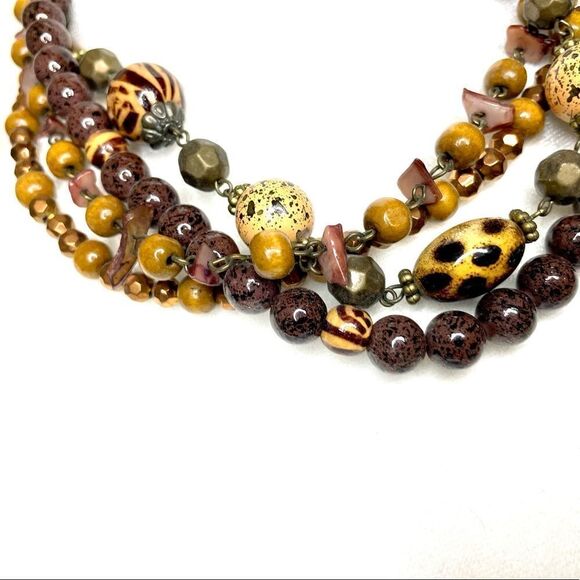 Boho Brown Tan Multi Strand Beaded Necklace Wood Crystal Like - Picture 2 of 5